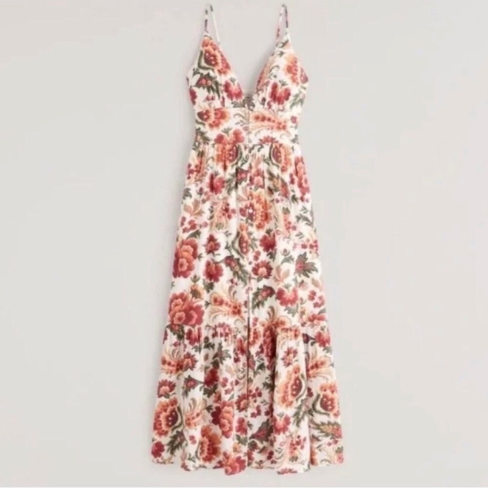 Abercrombie & Fitch Floral Linen Blend Maxi Dress Small Cream Red Button Front - Picture 4 of 10